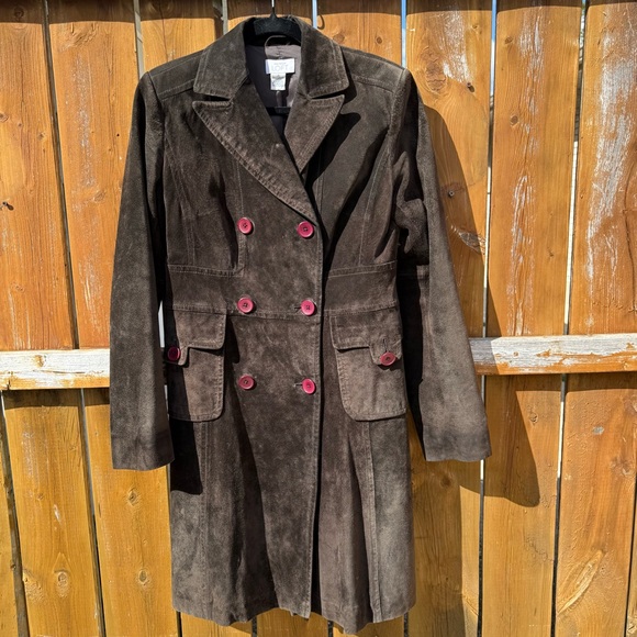 LOFT Dark Brown Trench Coat with Pink Buttons - Picture 1 of 4